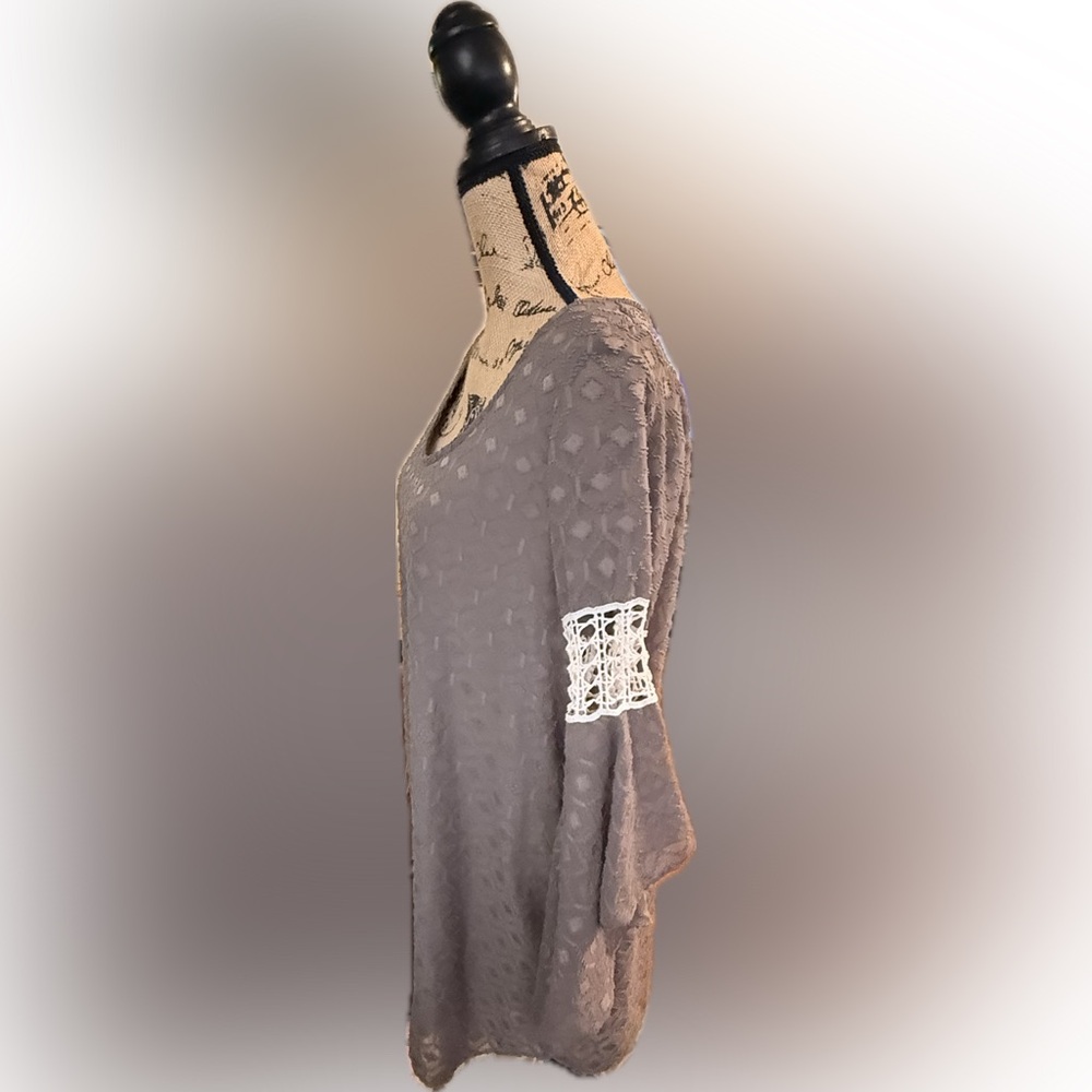 VaVa by Joy Han Bohemian Dress Taupe Big Bell Sleeves Size L Lace Trim Lined - Picture 5 of 14